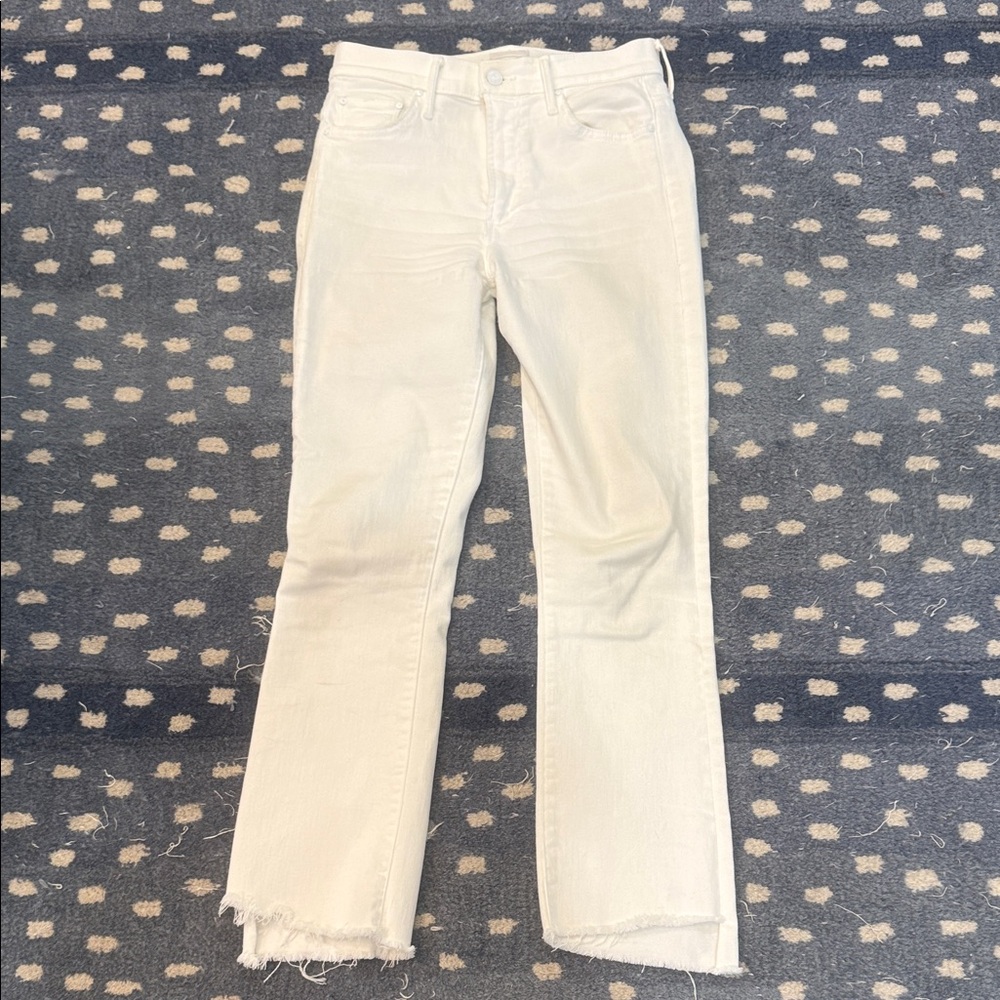 MOTHER Insider step crop ankle fray Women's White Jeans-ecru-size 27